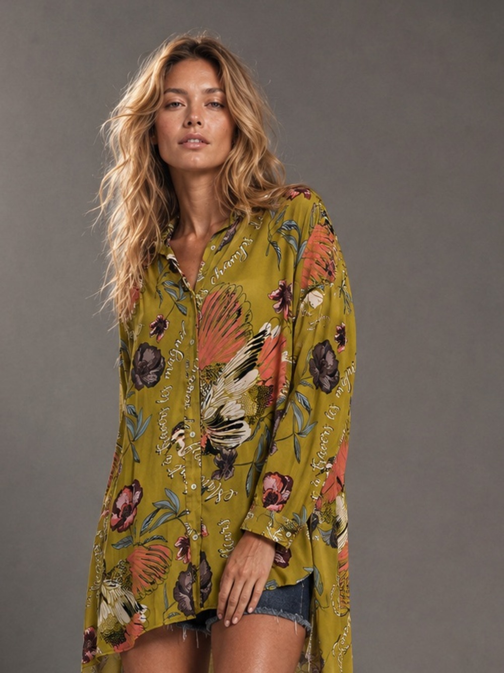 Free People Mustard Floral Button-Up Shirt